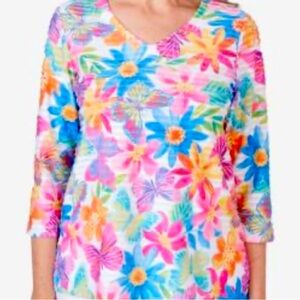 Alfred Dunner Womens 3/4 Sleeve V-Neck Paradise Island Floral Top Sze M